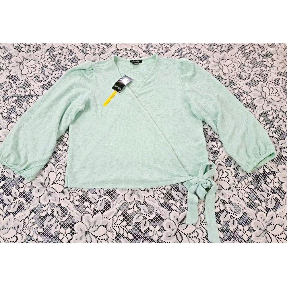 Esmara Women's Wrap Top L Seafoam Green Long Sleeve‎ Textured Crossover Side Tie